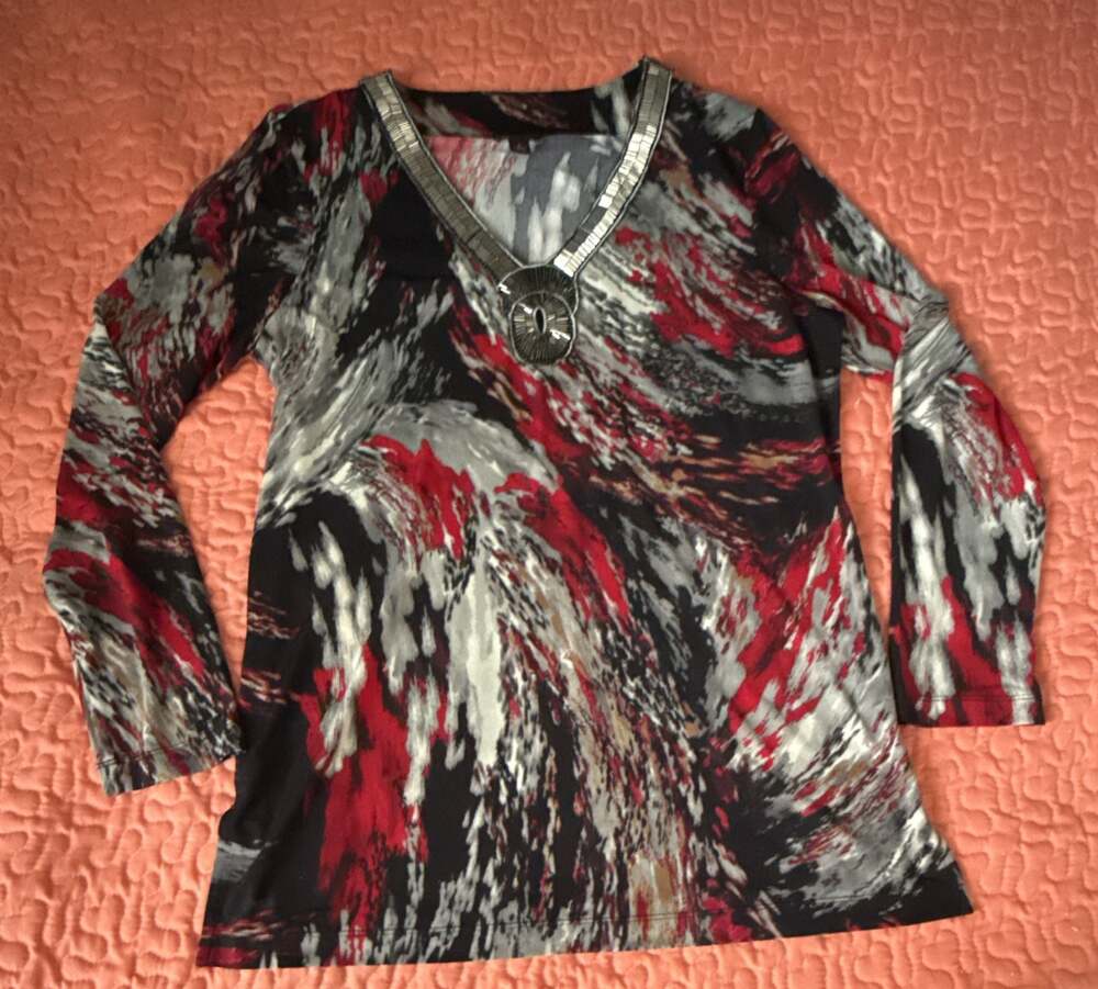 Dana Buchman Long Sleeve Abstract Print Top with Beaded V-Neck